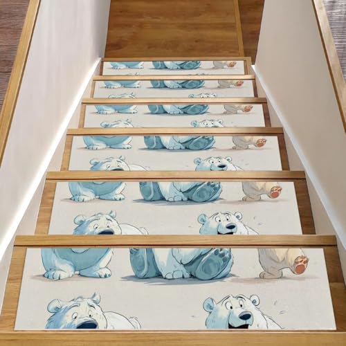 CHENZZZZ Teppich-Stufenmatten mit niedlichem Cartoon-Eisbären, rutschfest, 20,3 x 76,2 cm, für Holzstufen im Innenbereich, widerstandsfähiger Treppenläufer mit wiederverwendbarer, rückstandsfreier von CHENZZZZ