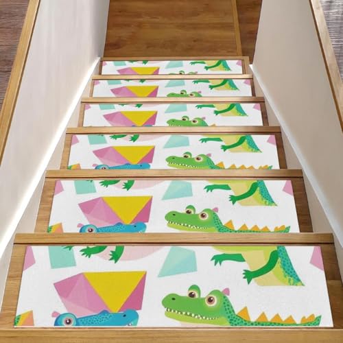 CHENZZZZ Teppich-Stufenmatten mit niedlichem Cartoon-Krokodil-Design, rutschfest, 20,3 x 76,2 cm, für Holzstufen im Innenbereich, widerstandsfähiger Treppenläufer mit wiederverwendbarer CHENZZZZ Teppich-Stufenmatten mit niedlichem Cartoon-Krokodil-Design, rutschfest, 20,3 x 76,2 cm, für Holzstufen im Innenbereich, widerstandsfähiger Treppenläufer mit wiederverwendbarer von CHENZZZZ