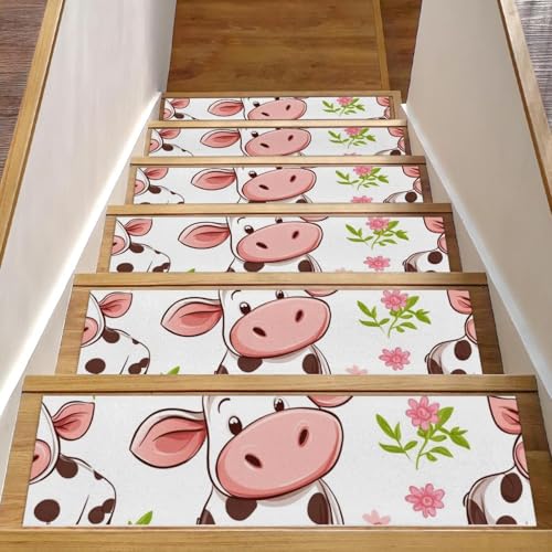 CHENZZZZ Teppich-Stufenmatten mit niedlichem Cartoon-Kuh-Design, für Holzstufen im Innenbereich, Treppenläufer für Haustiere, rutschfest, wiederverwendbar, 15 Stück von CHENZZZZ