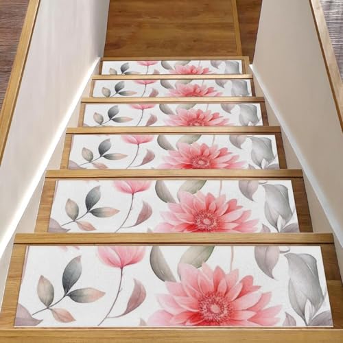 CHENZZZZ Teppich-Stufenmatten mit rosa Blumen mit Blättern, rutschfest, 20,3 x 76,2 cm, für Holzstufen im Innenbereich, widerstandsfähiger Treppenläufer mit wiederverwendbarer, rückstandsfreier Matte von CHENZZZZ