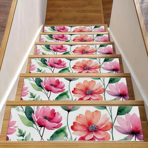 CHENZZZZ Teppich-Stufenmatten mit rosa Blumen mit Blättern, rutschfest, 20,3 x 76,2 cm, für Holzstufen im Innenbereich, widerstandsfähiger Treppenläufer mit wiederverwendbarer, rückstandsfreier Matte von CHENZZZZ