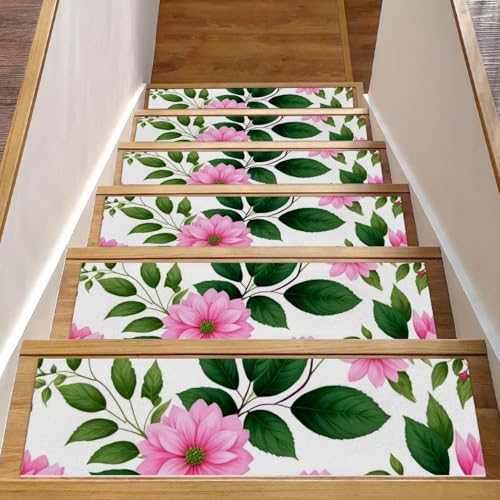 CHENZZZZ Teppich-Stufenmatten mit rosa Blumen mit Blättern, rutschfest, 20,3 x 76,2 cm, für Holzstufen im Innenbereich, widerstandsfähiger Treppenläufer mit wiederverwendbarer, rückstandsfreier Matte CHENZZZZ Teppich-Stufenmatten mit rosa Blumen mit Blättern, rutschfest, 20,3 x 76,2 cm, für Holzstufen im Innenbereich, widerstandsfähiger Treppenläufer mit wiederverwendbarer, rückstandsfreier Matte von CHENZZZZ