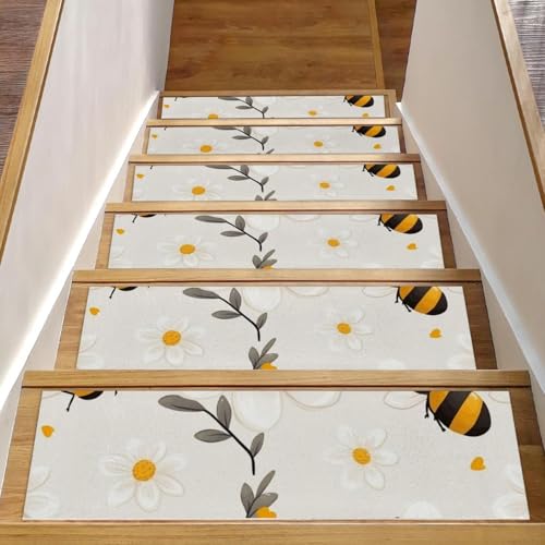 CHENZZZZ Teppich-Stufenmatten mit weißer Blume und Biene, rutschfest, 20,3 x 76,2 cm, für Holzstufen im Innenbereich, widerstandsfähiger Treppenläufer mit wiederverwendbarer, rückstandsfreier Matte CHENZZZZ Teppich-Stufenmatten mit weißer Blume und Biene, rutschfest, 20,3 x 76,2 cm, für Holzstufen im Innenbereich, widerstandsfähiger Treppenläufer mit wiederverwendbarer, rückstandsfreier Matte von CHENZZZZ