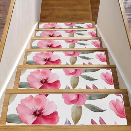 CHENZZZZ Treppenmatten für Holzstufen, rosa Blumen mit Blättern, rutschfest, waschbar, für Kinder, ältere Hunde, 20,3 x 76,2 cm, 15 Stück von CHENZZZZ
