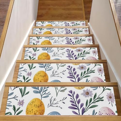 CHENZZZZ Treppenstufen mit Ostereiern und Blumen, 15 Stück, 20,3 x 76,2 cm, rutschfester Teppich, Treppenstufen, waschbar, Treppenläufer für Kinder, ältere Hunde von CHENZZZZ