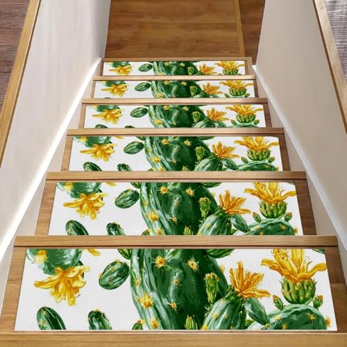CHENZZZZ Treppenstufenmatte, rutschfest, für Holzstufen, für den Innenbereich, 15 grüne Kakteen mit gelben Blumen von CHENZZZZ
