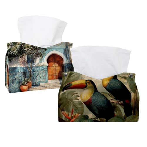 Papiertaschentuchbox mit Vögeln und tropischen Tukanen, Ledertaschentuchhalter, Gesichtstücheretui, Papier-Organizer für Badezimmer, Schminktisch, Arbeitsplatte, Auto, 2 Stück Papiertaschentuchbox mit Vögeln und tropischen Tukanen, Ledertaschentuchhalter, Gesichtstücheretui, Papier-Organizer für Badezimmer, Schminktisch, Arbeitsplatte, Auto, 2 Stück von CHENZZZZ