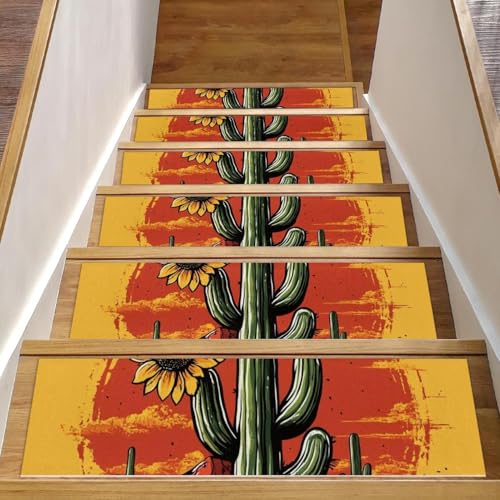 Stufenmatten Kaktus mit Sonnenblume (3) rutschfest, für Holzstufen, 20,3 x 76,2 cm, waschbar, wiederverwendbar, Teppich für Treppen, Teppiche, Innenbereich, Sicherheitstreppenstufen für Kinder, ältere von CHENZZZZ