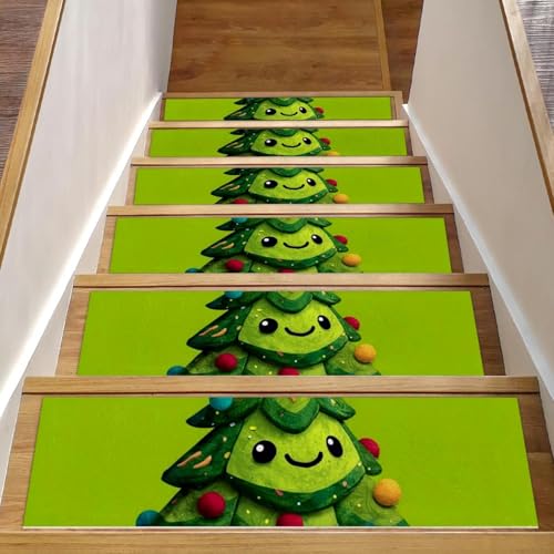 Stufenmatten mit Cartoon-Weihnachtsbaum, rutschfest, für Holzstufen, 20,3 x 76,2 cm, waschbar, wiederverwendbar, Teppich für Treppen, Teppiche, Innenbereich, Sicherheitstreppenstufen für Kinder von CHENZZZZ