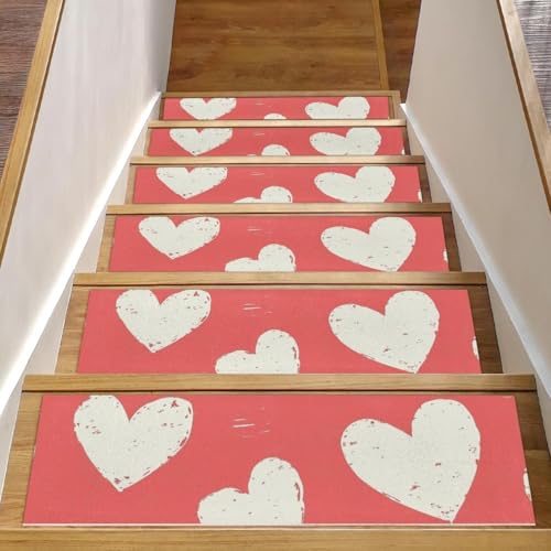 Stufenmatten mit niedlichen weißen Herzen (3) rutschfest, für Holzstufen, 20,3 x 76,2 cm, waschbar, wiederverwendbar, Teppich für Treppen, Teppiche, Innenbereich, Sicherheitstreppenstufen für Kinder von CHENZZZZ