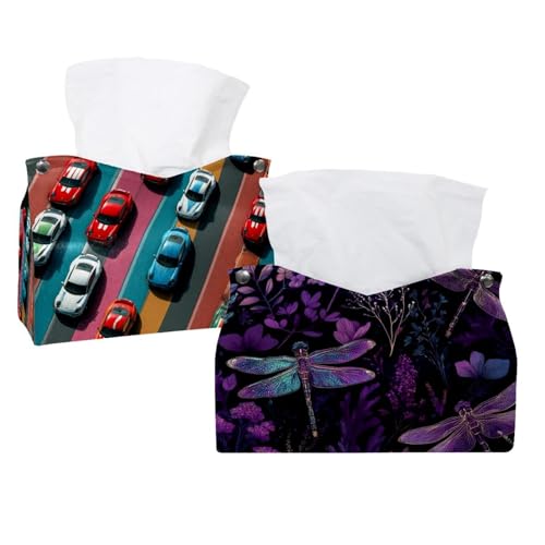 Taschentuchbox-Abdeckung, Leder, Motiv: Libellen, Wildblumen, Kräuter, Violett, 2 Stück Taschentuchbox-Abdeckung, Leder, Motiv: Libellen, Wildblumen, Kräuter, Violett, 2 Stück von CHENZZZZ