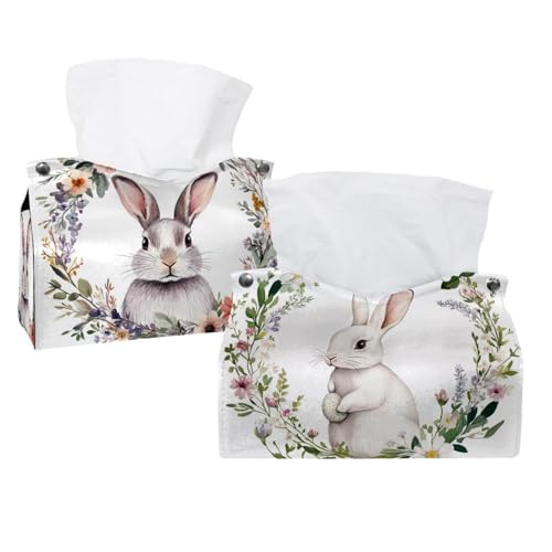Taschentuchbox-Abdeckung, Motiv: weißes Kaninchen im Blumenkranz, moderner Halter, dekorativer Halter für Badezimmer, Schminktisch, Nachttisch, Schreibtisch und Auto, 2 Stück Taschentuchbox-Abdeckung, Motiv: weißes Kaninchen im Blumenkranz, moderner Halter, dekorativer Halter für Badezimmer, Schminktisch, Nachttisch, Schreibtisch und Auto, 2 Stück von CHENZZZZ