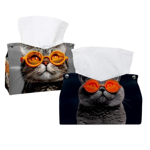 Taschentuchbox-Halter, Motiv: coole Katze mit orangefarbener Brille (3) – dekorativer Organizer aus Leder für Tischplatte, Badezimmer, Auto, Büro, 2 Stück von CHENZZZZ