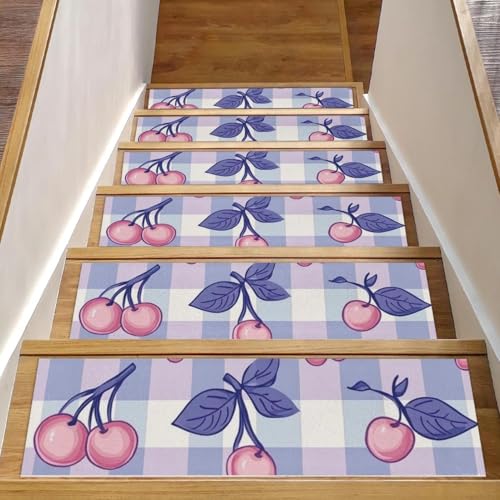 Teppich-Stufenmatten für Holzstufen im Innenbereich, rutschfest, für Haustiere, Kinder und ältere Menschen, Kirschbeeren und Blumen, 15 Stück von CHENZZZZ