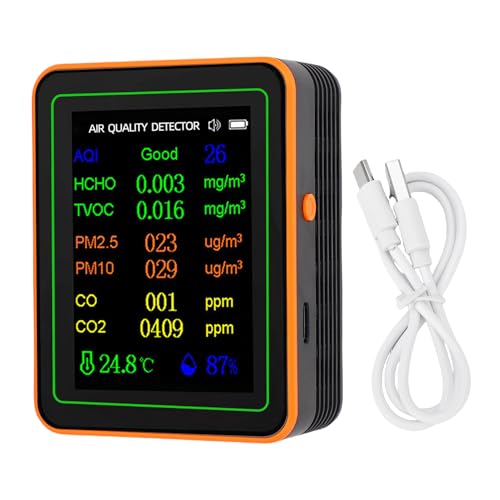 Cheotime 12 in 1 Luftqualitätsmonitor Indoor, CO2 HCHO TVOC PM2.5 PM10 Temperaturfeuchtigkeit TFT -Bildschirm wiederaufladbarer Luftqualitätstester für Zuhause (Schwarzorange) von CHEOTIME