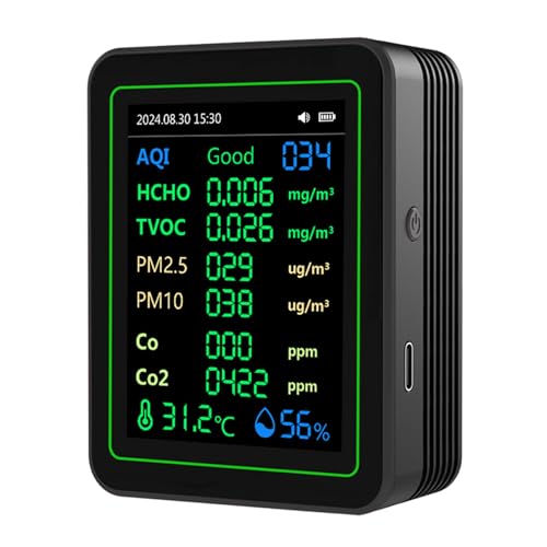 Cheotime Air Quality Monitor, professioneller Luftqualitätsdetektor Luftqualitätstester mit CO2 HCHO TVOC PM2.5 PM10 Temperaturfeuchtigkeit für Zuhause, Hotel, Büro, Auto (Schwarz) von CHEOTIME