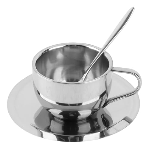 Cheotime Edelstahl Kaffeetasse Set, Kaffeetassen Doppelmauerte Massen Milk Tee Tasse mit Löffel Untertasse Set Kaffeetasse Tasse Geschirr für Kaffee Latte Tee Milch von CHEOTIME