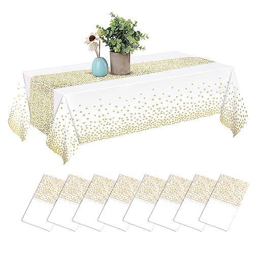 CHEPULA Einweg Tischdecke, [8 Stück] Wasserdicht Geburtstag Tischdecken, Rechteckig Tischtuch Geeignet für Party, Kindergeburtstag, Hochzeit, Weihnachten, 137 x 274 cm, Weiß & Gold von CHEPULA