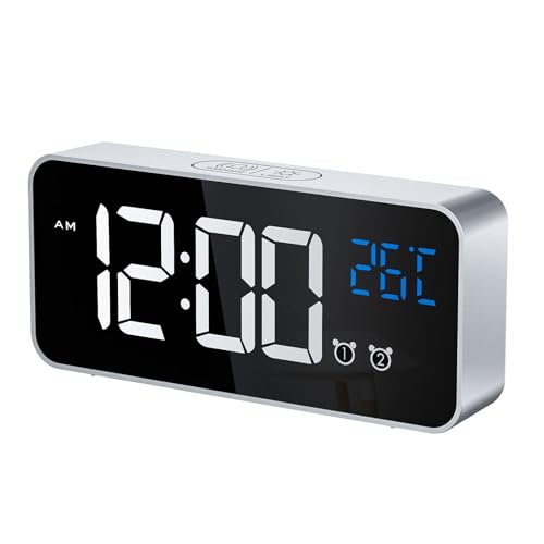 CHEREEKI Digitaler Wecker, LED Digitaluhr mit Temperaturanzeige Tragbarer Spiegelalarm Tischuhr mit 2 Alarmen 10 Alarmtöne USB Wiederaufladbar 4 Helligkeit und Lautstärke Regelbar, 12/24 Stunden von CHEREEKI