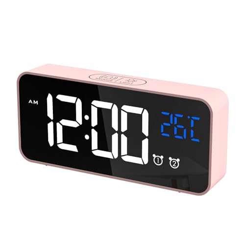 CHEREEKI Digitaler Wecker, LED Digitaluhr mit Temperaturanzeige Tragbarer Spiegelalarm Tischuhr mit 2 Alarmen 10 Alarmtöne USB Wiederaufladbar 4 Helligkeit und Lautstärke Regelbar, 12/24 Stunden von CHEREEKI