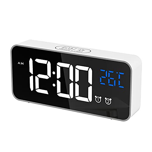 CHEREEKI Digitaler Wecker, LED Digitaluhr mit Temperaturanzeige Tragbarer Spiegelalarm Tischuhr mit 2 Alarmen 10 Alarmtöne USB Wiederaufladbar 4 Helligkeit und Lautstärke Regelbar, 12/24 Stunden von CHEREEKI