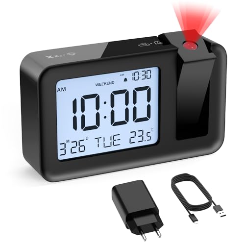 CHEREEKI Projektionswecker, Wecker mit Innentemperatur, 4 einstellbare Projektionshelligkeit, 9 Minuten Schlummerfunktion, Digitaler Wecker geeignet für Büro und Schlafzimmer von CHEREEKI