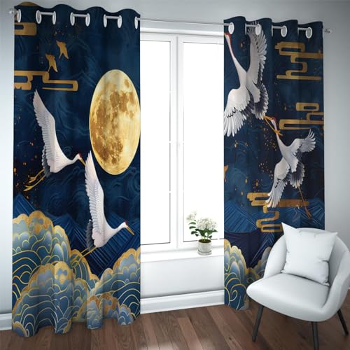 CHERHERART Japanischer Stil Extra Lange Vorhänge Abstrakte Wolken Kranichdruck Fenstervorhänge für Wohnzimmer Thermische Ösenfensterbehandlungen 2er Set B107xH213 von CHERHERART