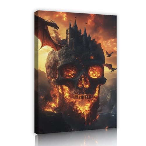 CHERHERART Monster Skelett Schloss Leinwand Wandkunst für Wohnen Zuhause Esszimmer Dekor beängstigend Halloween brennender Schädel Leinwand Bilddrucke Kunstwerk 30x45cm Innenrahmen von CHERHERART