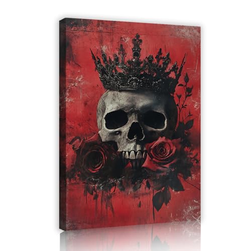 CHERHERART Schreckliche rote und schwarze Totenköpfe Leinwand Bilddrucke für das Leben Halloween bezaubernde beängstigende Rose Blume Leinwand Wandkunst Dekor 40x60cm Innenrahmen von CHERHERART