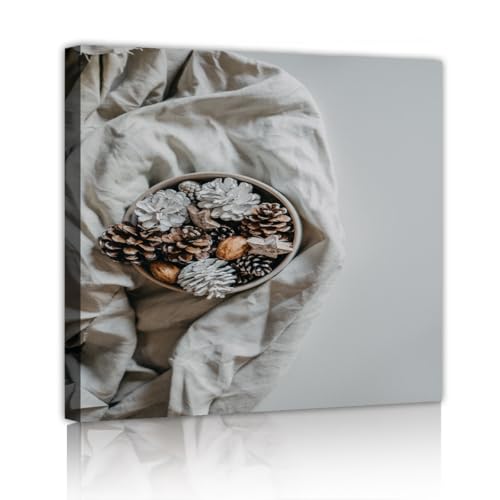 CHERHERART Vintage Neutrale Tannenzapfenschale Leinwand Wandkunst Rustikale Landhausstil Leinwand Bilder Drucke Wandbild für Zuhause Wohnen Esszimmer Dekor 65x65cm Innenrahmen von CHERHERART