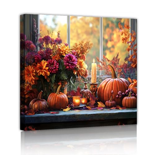 Herbst Kürbis Leinwand Wandkunst Herbst Blumen Thanksgiving Leinwand Bilder Kunstwerk Drucke für Zuhause Studium Esszimmer Küche rustikales Dekor 85x85cm Innenrahmen von CHERHERART