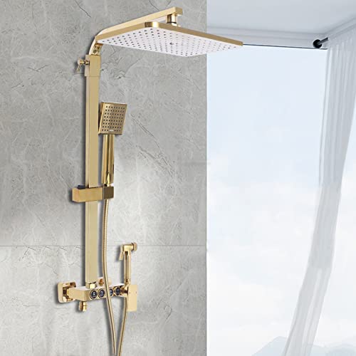 Duscharmatur-Set mit Handbrause, 2 Funktionen Grobventil und Duschverkleidung Kit Gold Gebürstet Bad Duschsystem Wandmontage Duscharmatur Set, 31.5x22cm Verstellbarem Stab Duschkopf und Kopfbrause von CHERIKIU
