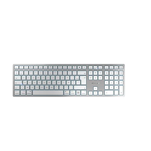 CHERRY KW 9100 SLIM FOR MAC, kabellose Mac-Tastatur, Französisches Layout (AZERTY), Bluetooth oder 2,4 GHz Funk, Flache Tasten, Wiederaufladbar, Weiß-Silber von CHERRY