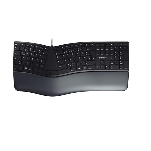 CHERRY KC 4500 ERGO, Ergonomische Tastatur, UK Layout - QWERTZ, Kabelgebunden, Handballenauflage mit Memory-Schaum, Geschwungenes Tastenfeld, Schwarz von CHERRY