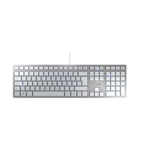 CHERRY KC 6000 SLIM, Ultraflache Design-Tastatur, Britisches Layout (QWERTY), Kabelgebunden (USB-A Anschluss), Leise, Langlebige Tastenbeschriftung, Silber von CHERRY