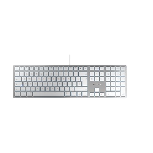 CHERRY KC 6000C FOR MAC, Kabelgebundene Mac-Tastatur (USB-C Anschluss), UK-Layout (QWERTY), Flüsterleise Tasten, Kompaktes & Flaches Design, Weiß-Silber von CHERRY
