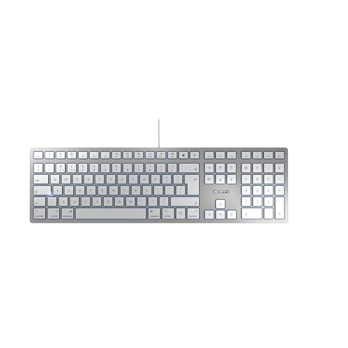 CHERRY KC 6000C FOR MAC, Kabelgebundene Mac-Tastatur (USB-C Anschluss), UK-Layout (QWERTY), Flüsterleise Tasten, Flaches Design, Weiß-Silber von CHERRY