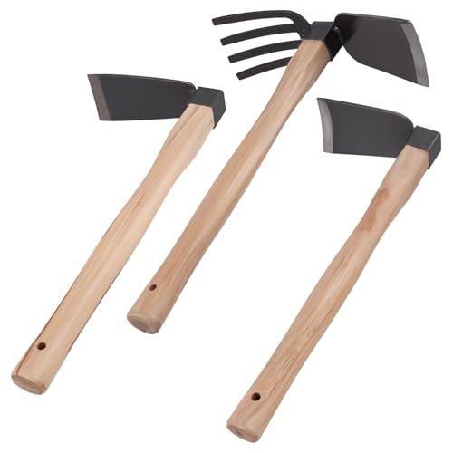 CHEUKYIU Garten Werkzeuge Set mit 3 Gartenhacken, Inklusive Breite Flache Hacke, Schmale Flache Hacke, Vierzahnhacke, Gartenhacke Hacke Schwarze Hacke mit Holzfarbenem Griff für Gartenpflege, Bodenbea von CHEUKYIU