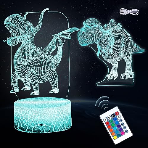 CHEVVY Kreative Dinosaurier Dinosaurier Lampe 3D Nachtlicht Dinosaurier LED Fernbedienung Cartoon Lampe mit 16 Farbwechsel 2PCS Nachtlampe Spielzeug Kinderzimmer Nachtlicht von CHEVVY