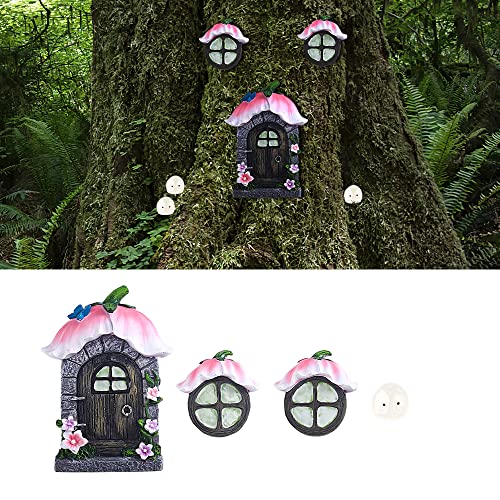 CHEVVY Miniatur Fee Garten Tür Kunstharz-Materialien Fairy Door Set Garten Kunst Skulptur Statuen Mini leuchtenden Baum Garten Tür mit 10 im Dunkeln Leuchtenden Sprites und Passenden Schrauben von CHEVVY