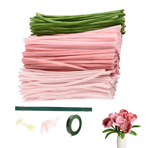 Pfeifenputzer Zum Basteln, Pfeifenreiniger Zum Basteln Blumen Mit Floristenkrepp,30cm Lang Pfeifenreiniger Grün Weiß Pink, Pipe Cleaner Bastelset Für DIY Dekorieren,Flexibel Verdickt Chenilledraht von CHXAOM