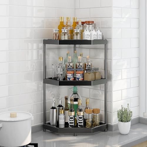 CHEXIY Küchenarbeitsplatte Aromastoffe Eckregal Gewürzregal, Küchenzubehör Kohlenstoffstahl Gewürzregal Dreieck Eisen Nathroom Ecke Desktop Organizer (3-Etagen （M）) von CHEXIY