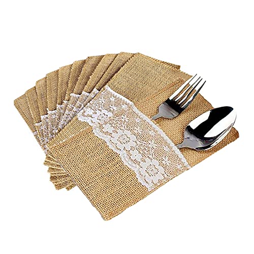 30Stk Jute Bestecktasche Spitze Vintage Besteckbeutel Besteckhalter Hochzeit Sackleinen Taschen Hochzeitsdeko Tischdeko für Hochzeit Party von CHEYLIZI