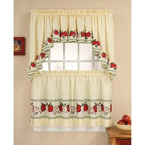 CHF Fenstervorhang mit hübschem rotem Apfelmotiv im Landhausstil, Set für mehrere Ebenen, Elfenbein, 142 x 91 cm, Mehrfarbig von CHF & You