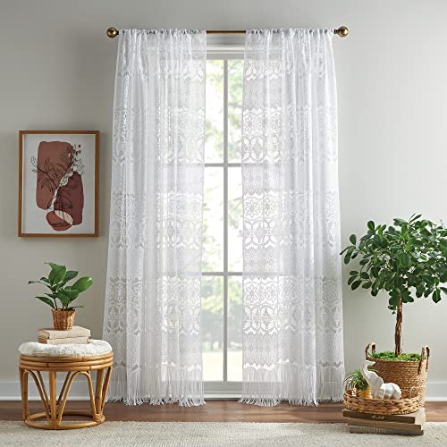 CHF Boho Durchsichtige Vorhänge mit Spitze, Vintage, Quaste, Fransen, Fenstervorhang für Schlafzimmer, Wohnzimmer, Schlafsaal, Stangentasche, 1 Panel, Polyester, Weiß, 84 in von CHF