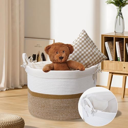 CHFLAME Wäschekorb Geflochten - Wäschekorb Baby 3 Fächer Wäschesammler, 54L Aufbewahrungskorb Für Spielzeug, Laundry Basket Kinderzimmer Deko Baumwolle Mit Henkel Handarbeit Aus Baumwolle Weiß & Braun von CHFLAME