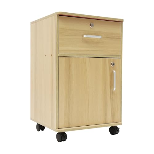 CHFUNE Nachttisch mit Schublade & Rädern Schlüsselverschließbarer Beistelltisch für Schlafzimmer 2-stufiger Aufbewahrungsschrank aus Hochdichte-Platte, Rollender Kleiderschrank Organizer (Holz) von CHFUNE