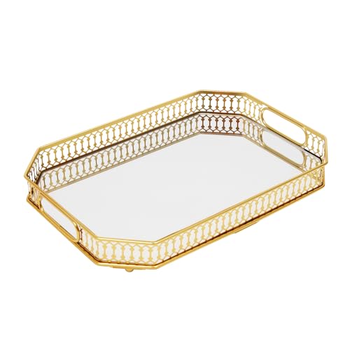 Dekoratives Spiegel Tablett, Rechteckiges Serviertablett mit Griffe, Kosmetiktablett Eitelkeitstablett für Badezimmer, Küche, 35 * 25 * 5cm, Gold von CHFUNE