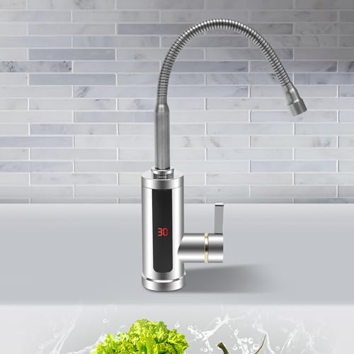 Elektrischer Wasserhahn mit Durchlauferhitzer 3000 W, 360° Drehbare Armatur mit Sofortiger Warmwasserbereiter Ohne Vorheizen, LED Anzeige, Warmwasserhahn für Küche, Silber von CHFUNE