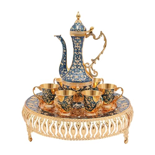 Vintage Türkisches Kaffeekannen-Set, Teeset inkl 6 Kaffeetasse und Teekanne, Europäisch Teeservice Set für Teetisch Dekoration (Blau) von CHFUNE